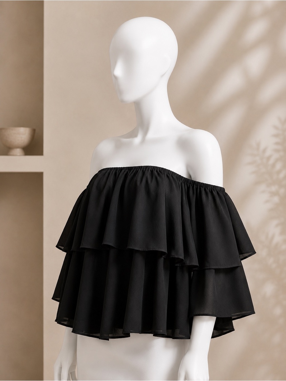 Boohoo Plus Size Off-Shoulder Tiered Ruffle Top Black Size US 12/UK 16 NWT